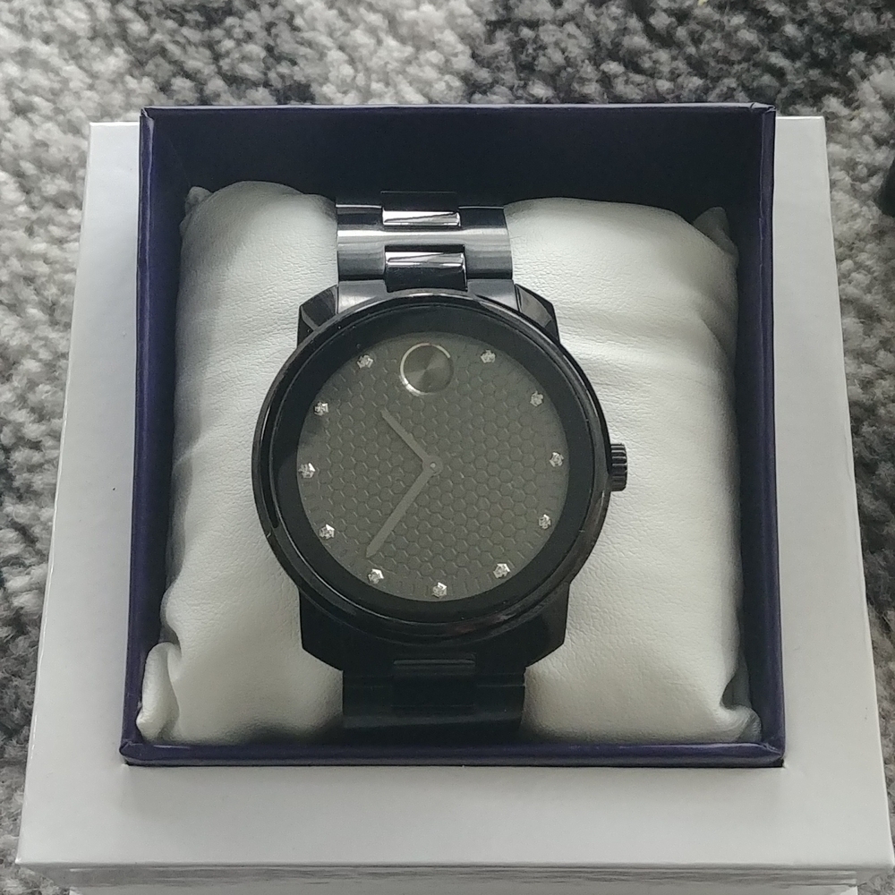 Movado Bold Men's Watch all black with diamond accents.  Brand new in box!